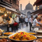 A vibrant scene of Old Delhi food stalls with people enjoying various dishes.