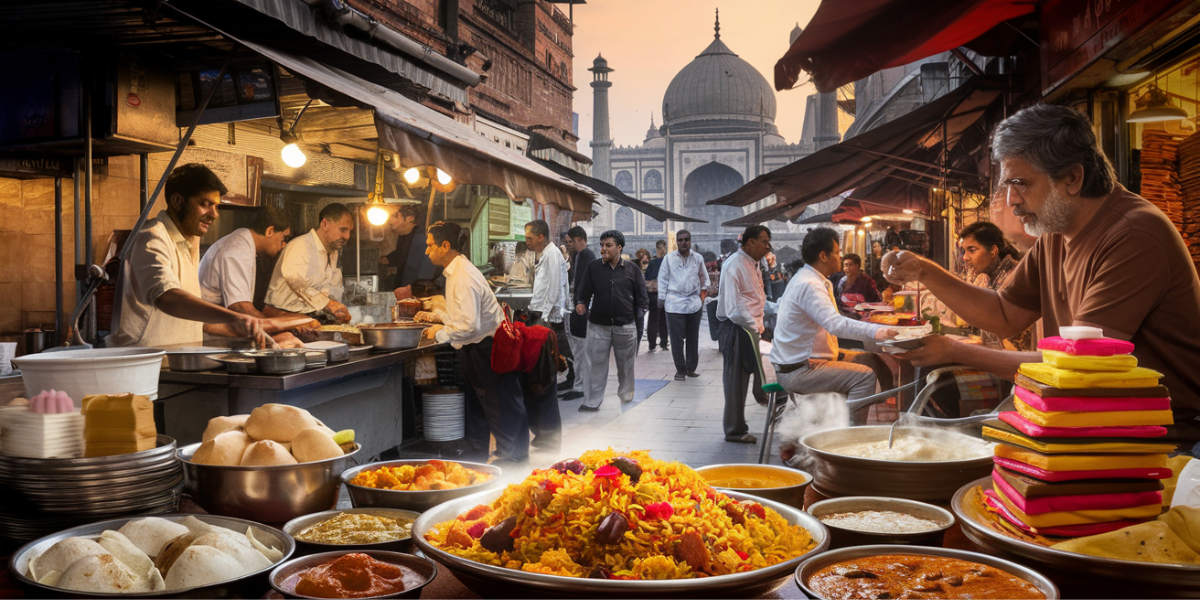 A vibrant scene of Old Delhi food stalls with people enjoying various dishes.